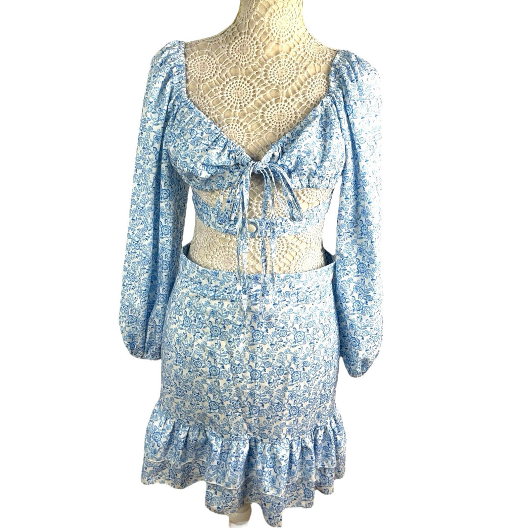 Boohoo Floral Skirt Co-Ord Set High Waist Blue & White Women's UK Size 10