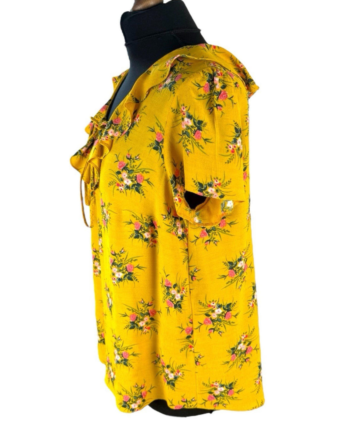 Dorothy Perkins Floral Blouse Women's UK Size 14 Yellow Ruffle Collar Tie Neck