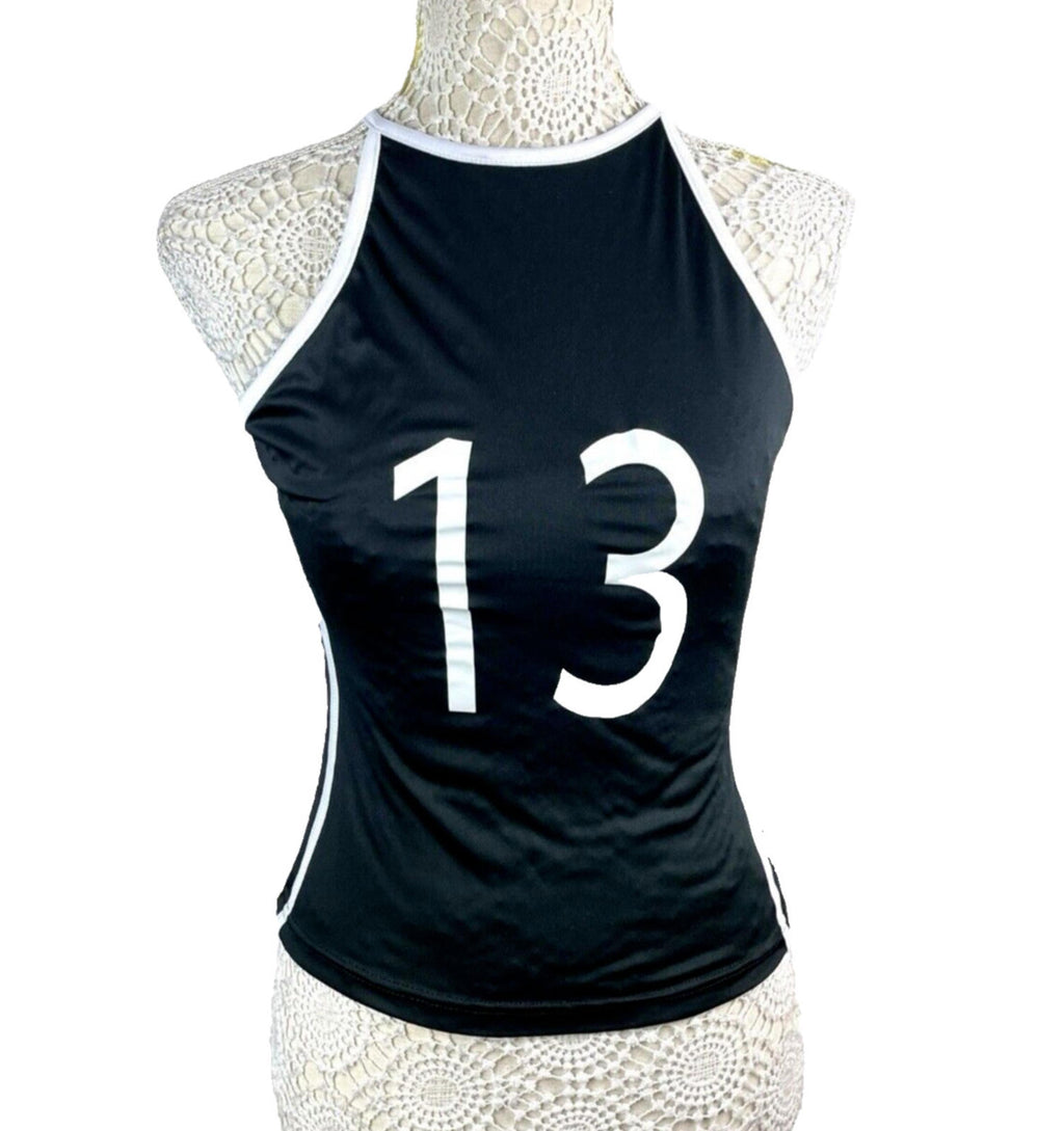 Manor Black Tank Top Women's UK Size 8  Black Number 13 Print Sleeveless Slim Fit Summer