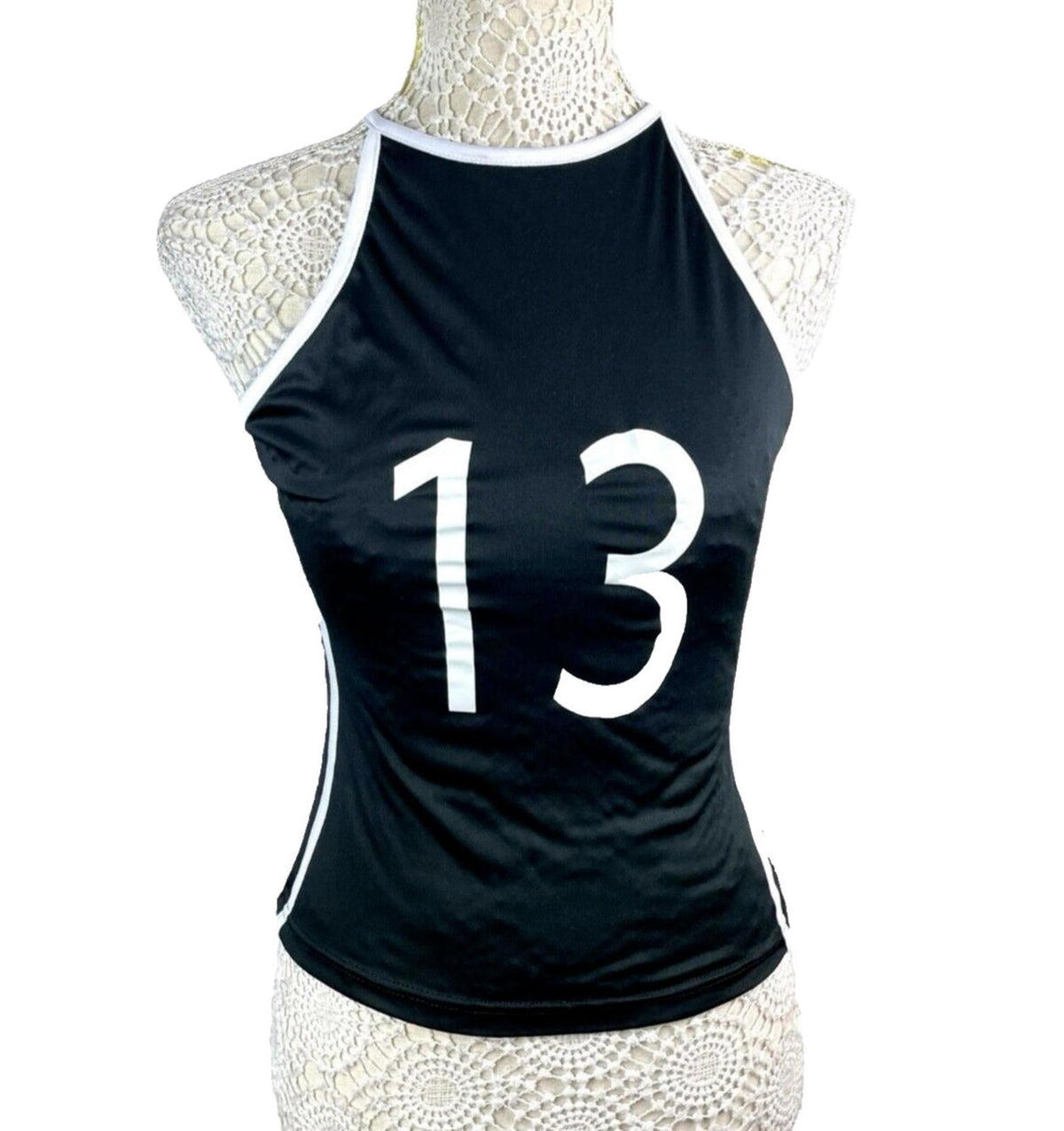 Manor Black Tank Top Women's UK Size 8  Black Number 13 Print Sleeveless Slim Fit Summer