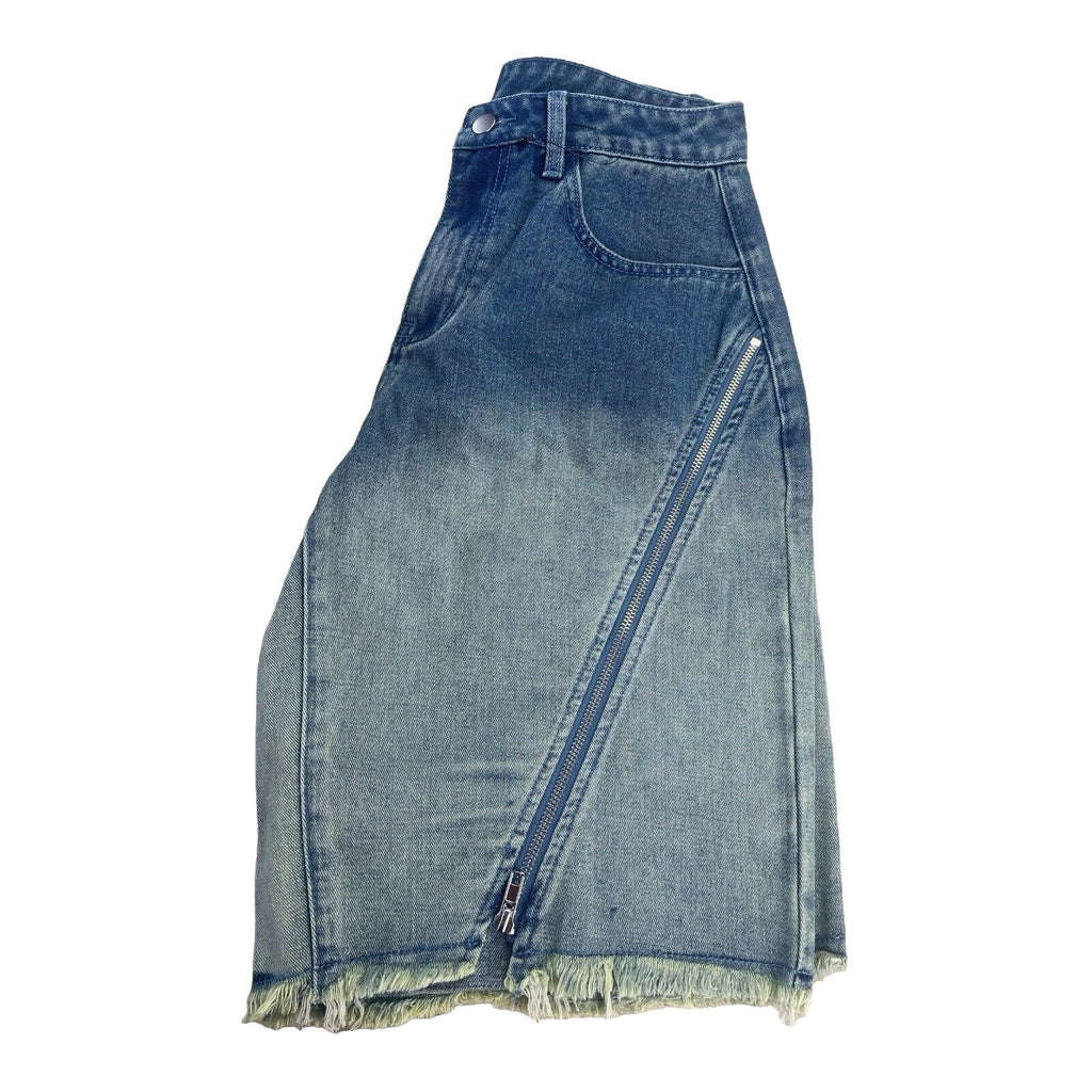 Long Denim Shorts Zipped Front Design Faded Denim Women's UK 8
