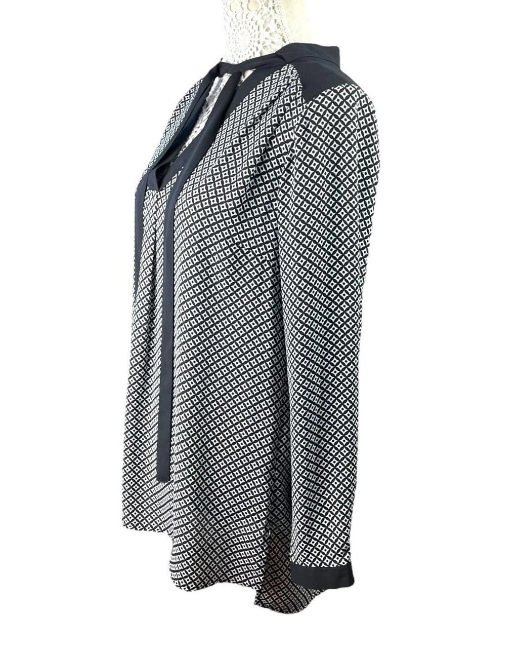 Marks & Spencer Black Marks & Spencer Long Sleeve Blouse Women's UK Size 14 Tie Neck Geometric Print