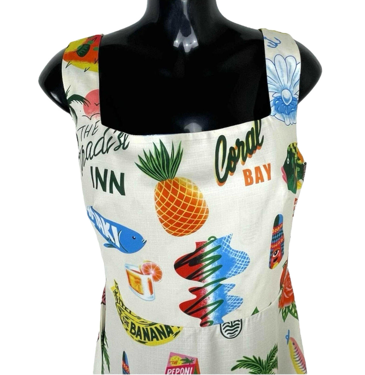 Comense White Comense Retro Summer Dress Women's UK Size M Lace Up Back Mini Multicolour Print