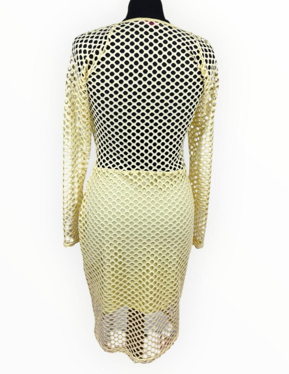 Edge Fishnet Bodycon Midi Dress Women's UK Size 14 Long Sleeve Stretch Yellow
