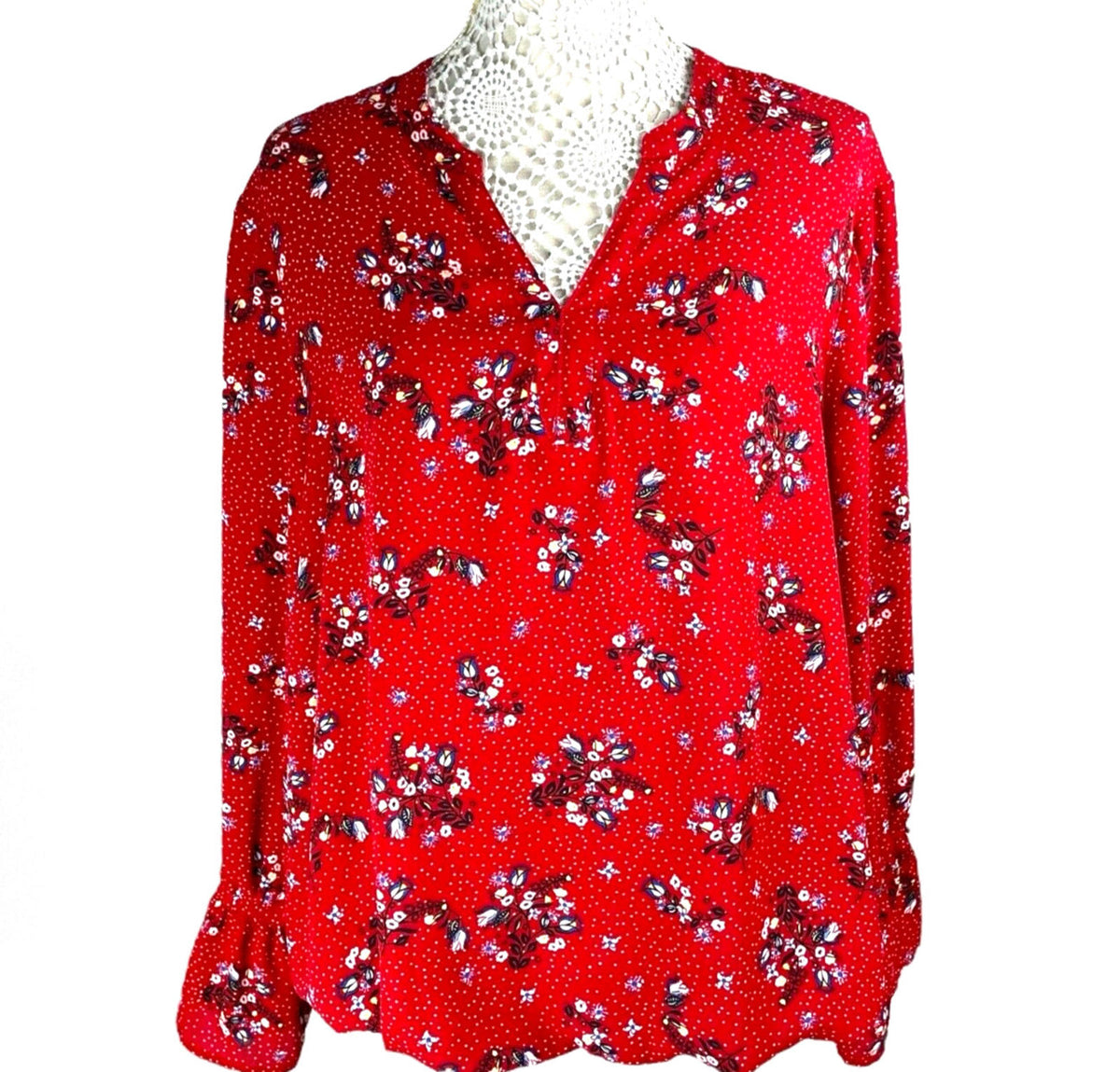 Kiabi Shirt Blouse Red Floral Long Sleeve Women's UK Size L