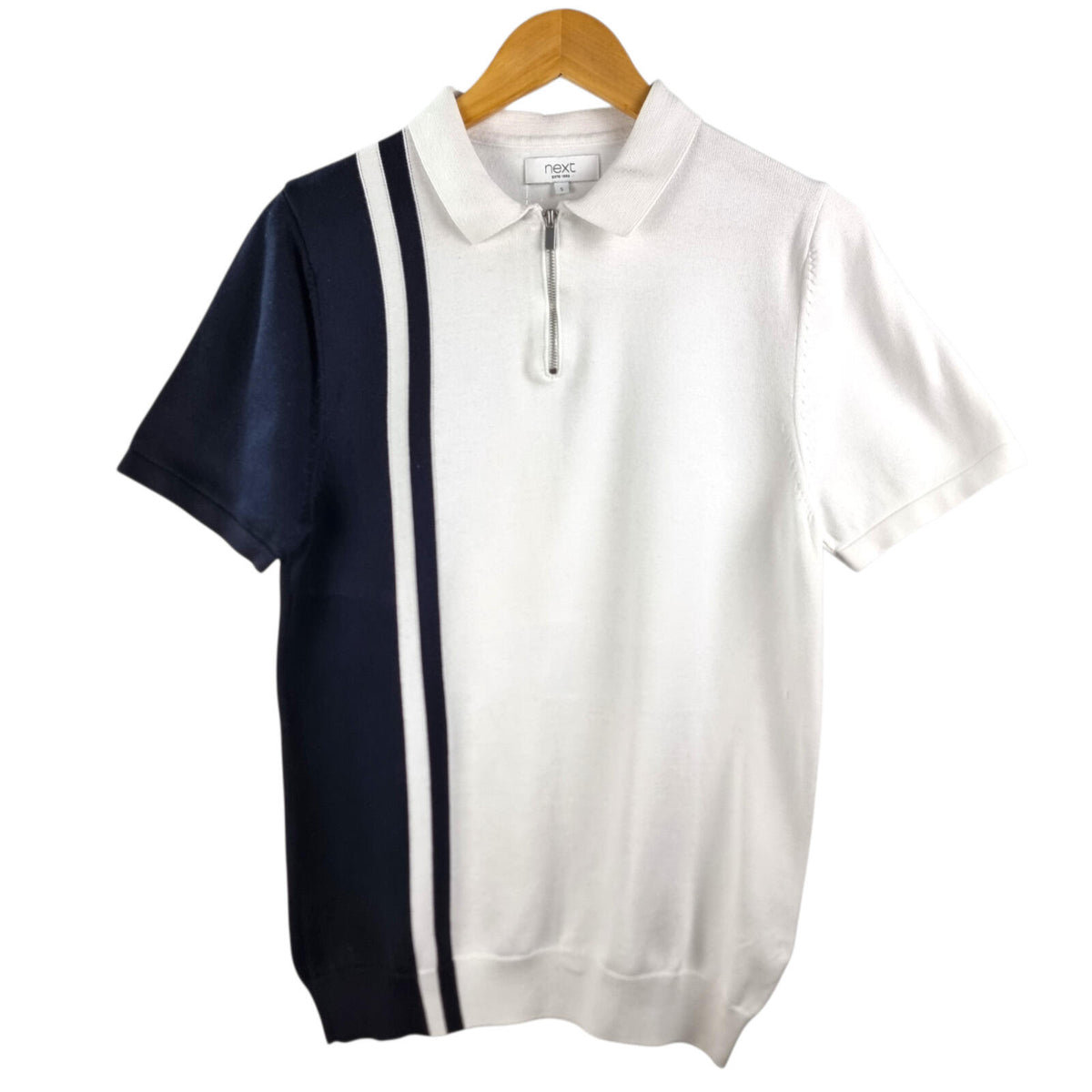 Next White Next Knit Polo Shirt Men's UK Size S White Blue 1/4 Zip Short Sleeve 100% Cotton