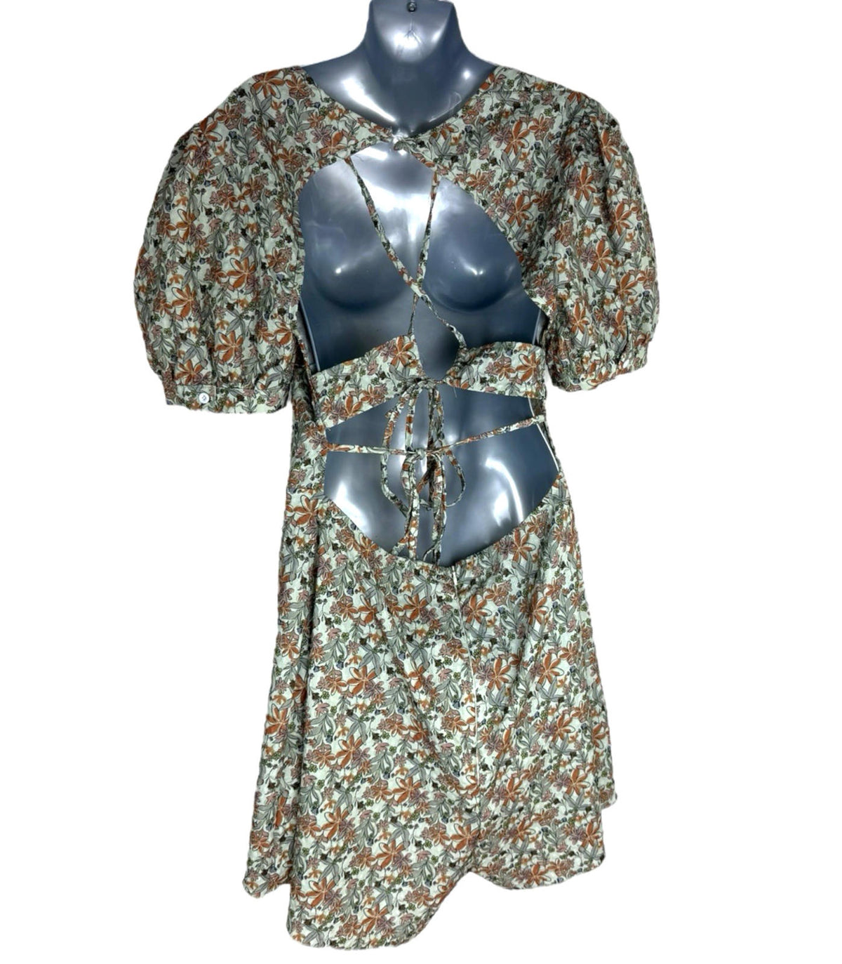 Pretty Little Thing Floral Playsuit Backless Puff Sleeve Women's UK Size 16