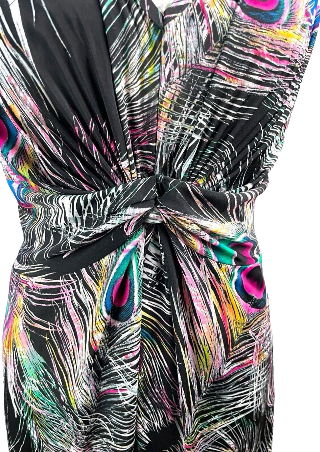 Peacock Feather Print Midi Dress Women’s UK Size M Sleeveless Ruched Waist
