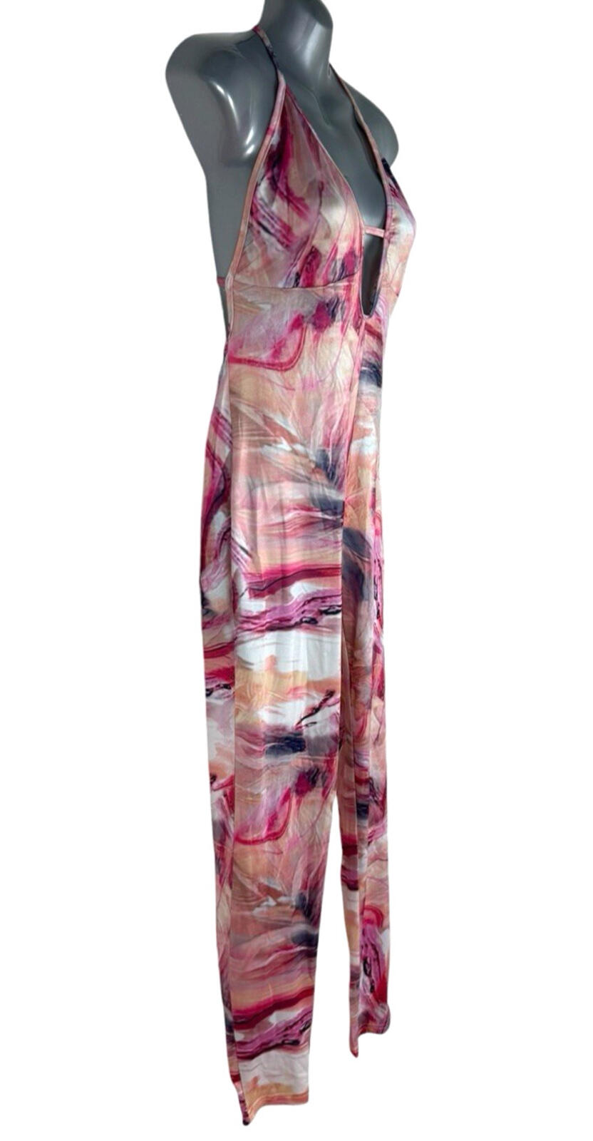 Shein Cut Out Jumpsuit Women's UK Size M Stretch Halter Neck Pink Open Back