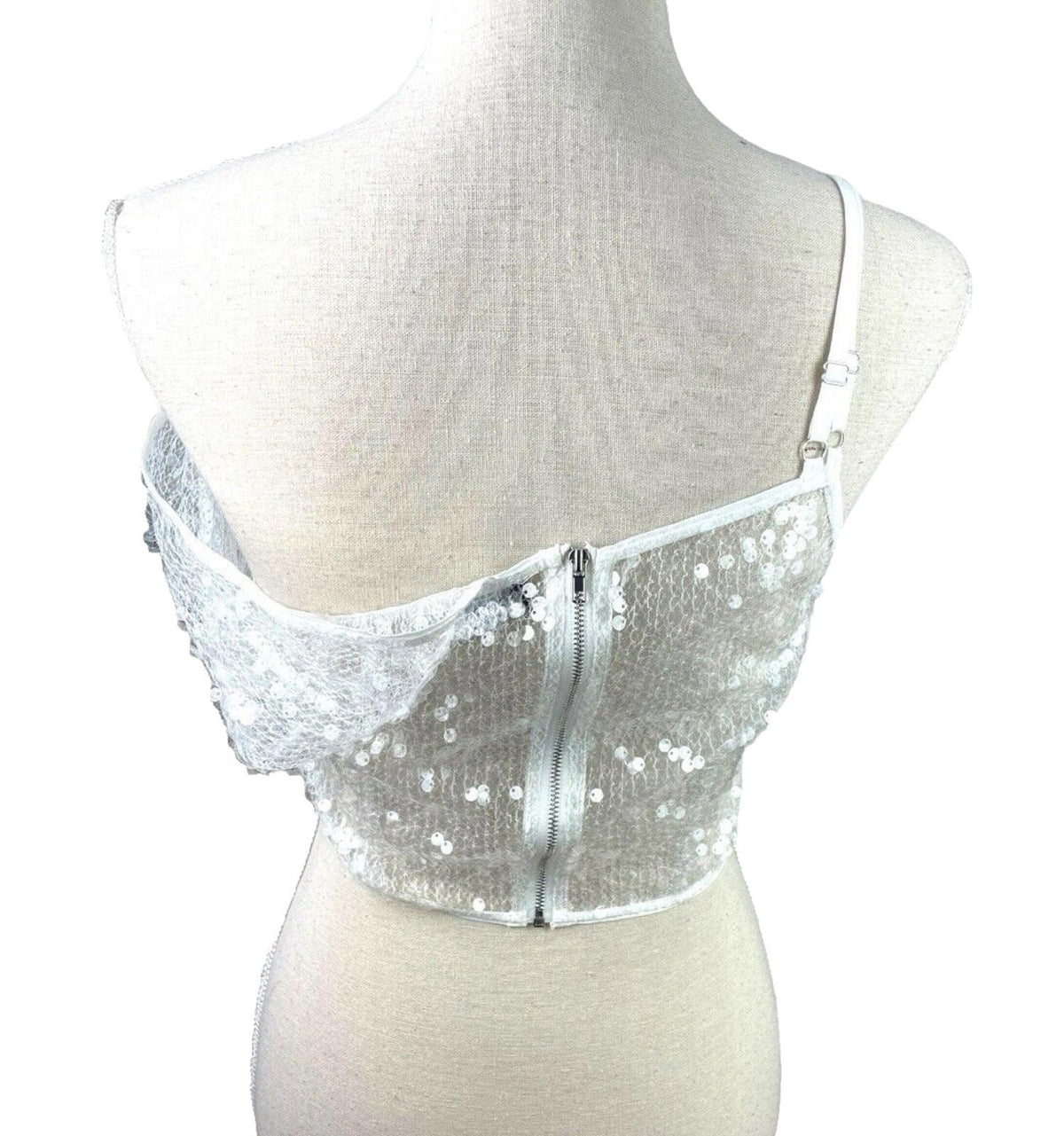 Pretty Little Thing Sheer Sequin One Sleeve Corset Top Women's UK Size 8 Cropped