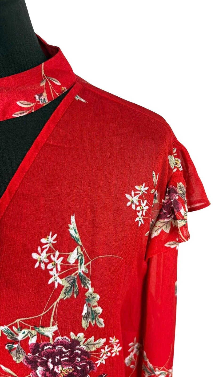 Primark Floral Blouse Women's UK Size 14 Long Sleeve Ruffled Cuffs Choker Neck