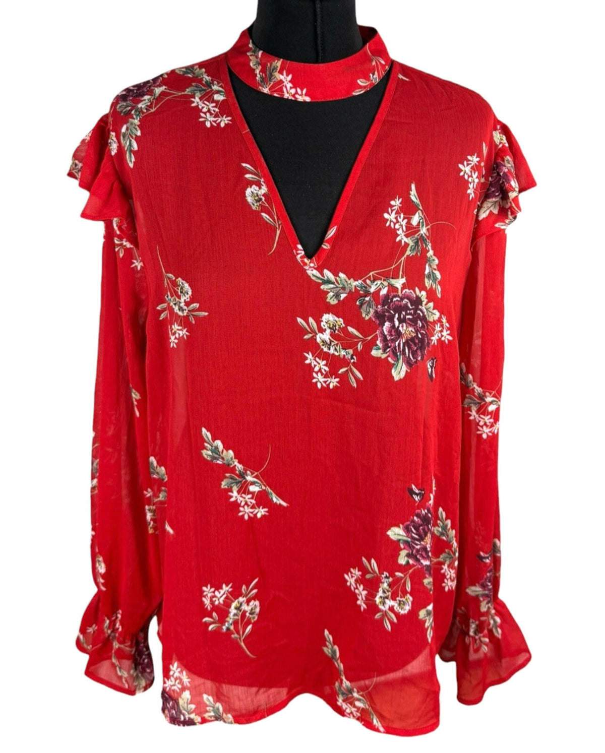 Primark Floral Blouse Women's UK Size 14 Long Sleeve Ruffled Cuffs Choker Neck