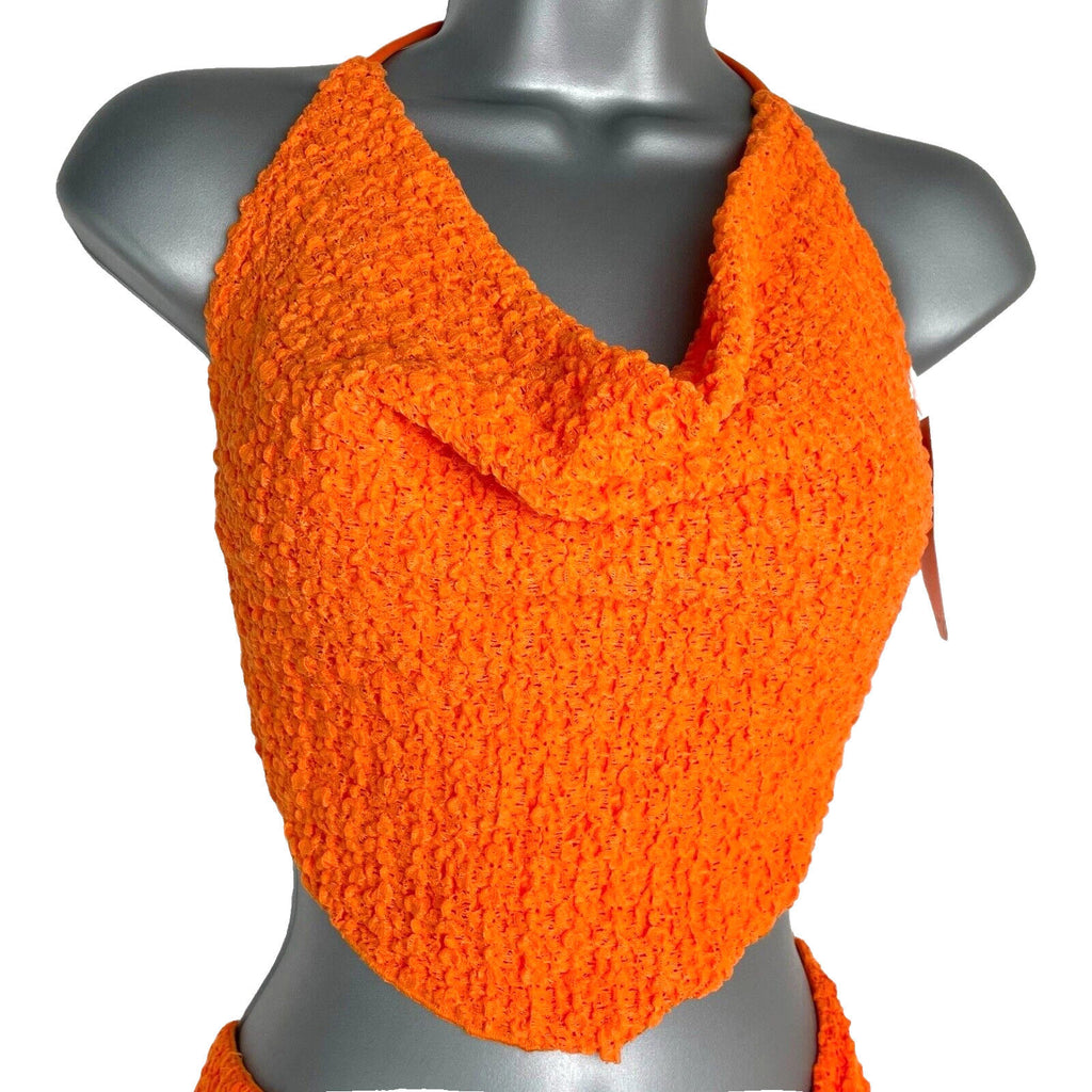 Bershka Bright Orange Textured Co Ord Set Women's UK Size XS Crop Top & Skirt