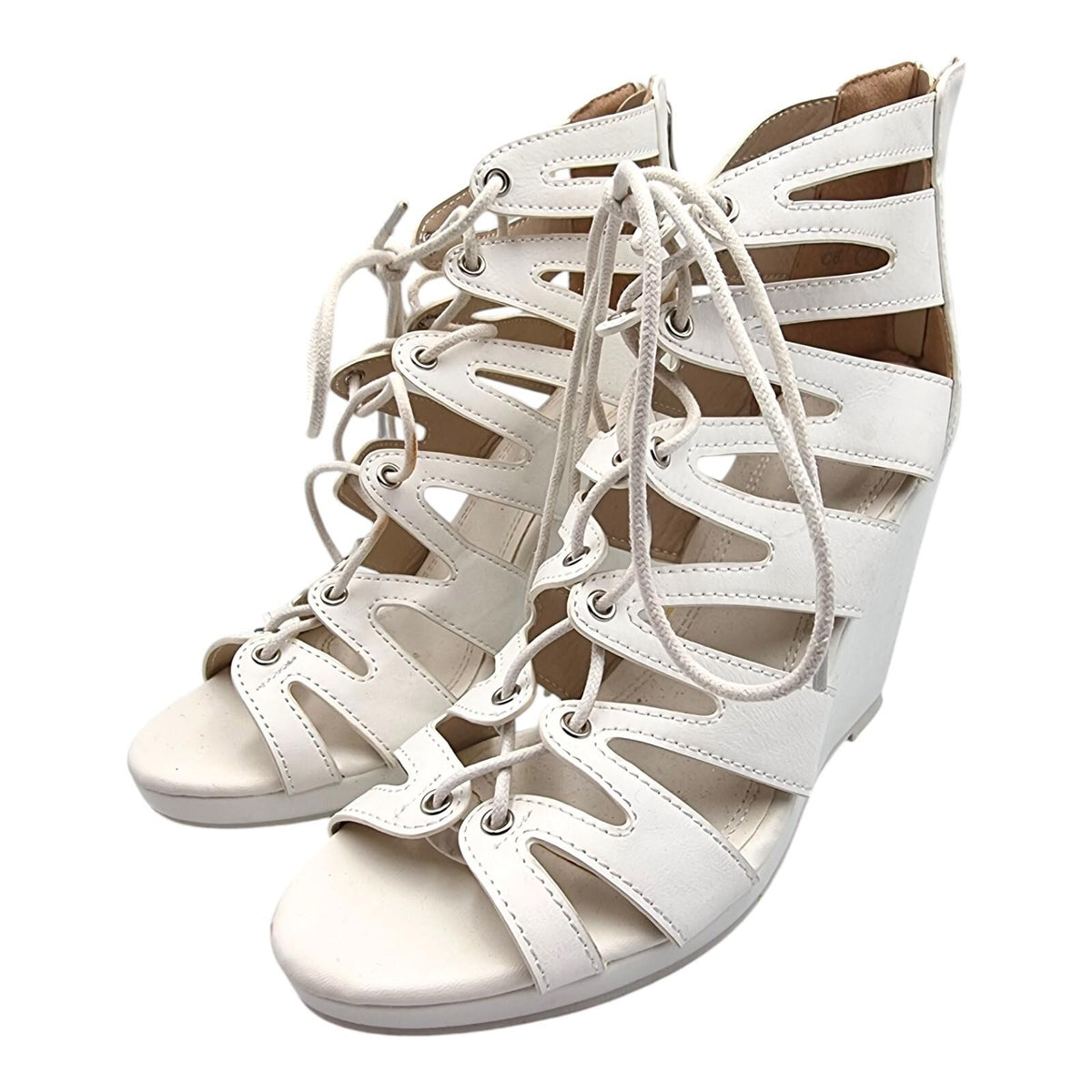 Aspirer Shoes White Aspirer Wedge Shoes Women's UK Size 7 Ankle Strap White Lace Up Faux Leather