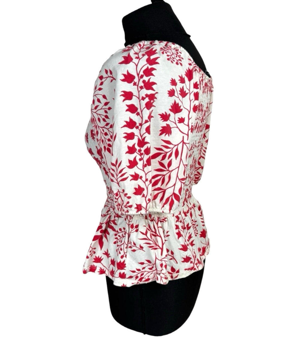 Peacocks Peplum Frill Top Women's UK Size 10 Square Neck Bell Sleeve White Red