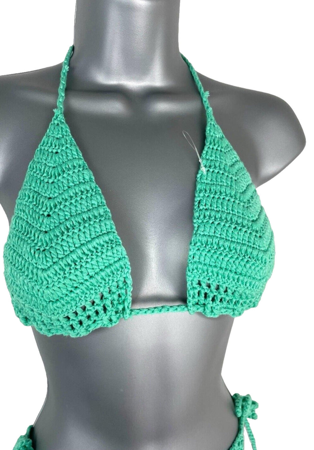 Crochet Bikini Set Women’s UK Size 8 Green Tie Side Triangle Top High Leg
