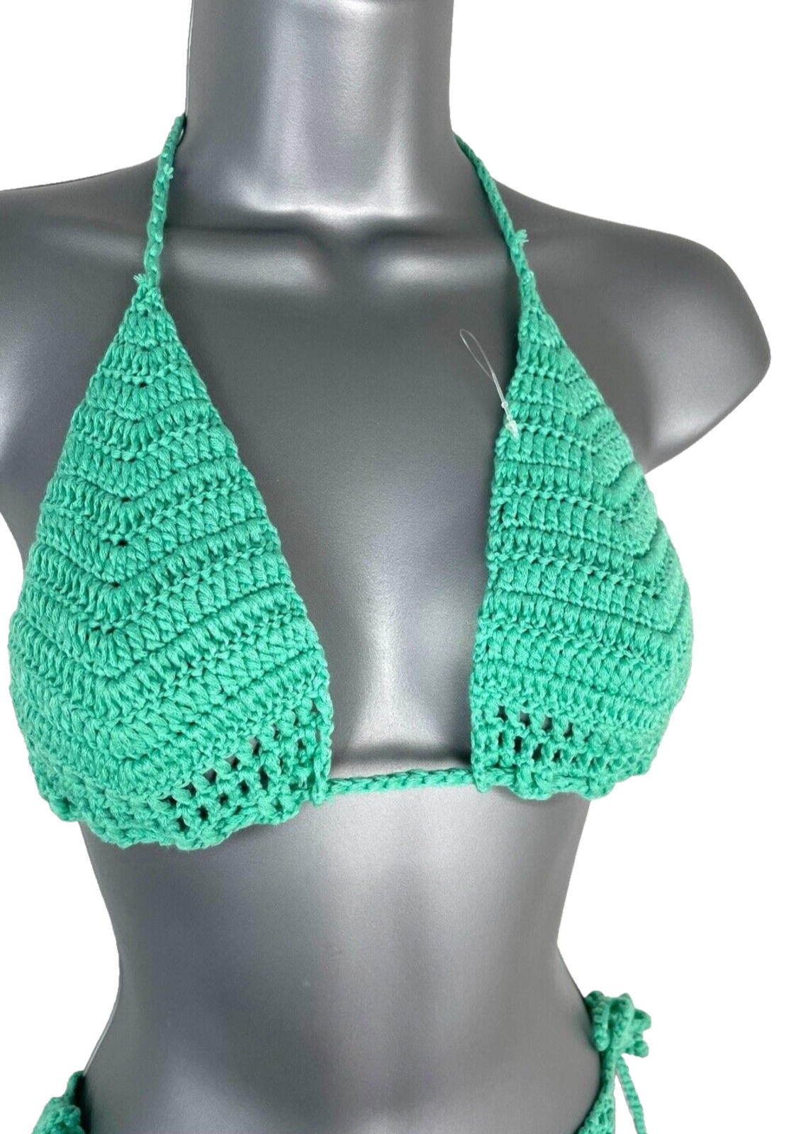 Crochet Bikini Set Women’s UK Size 8 Green Tie Side Triangle Top High Leg