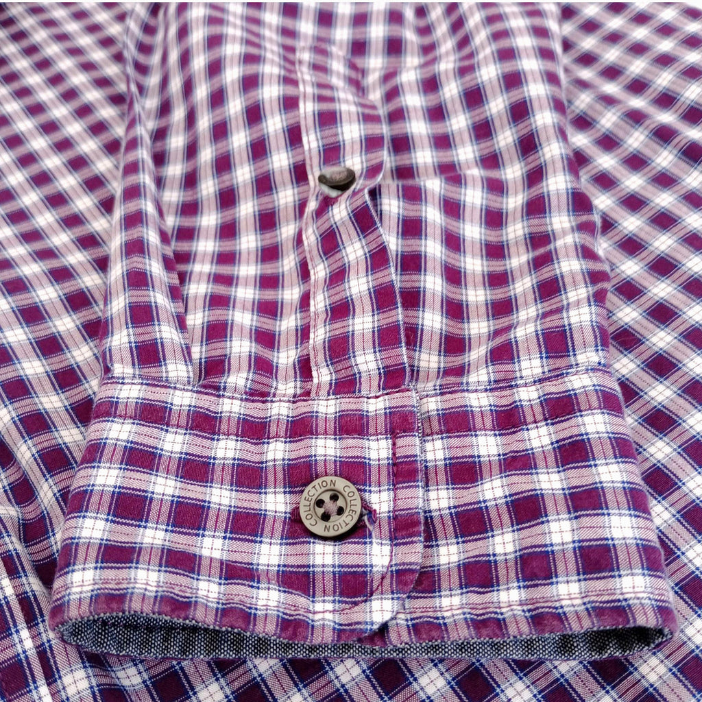 Marks & Spencer Plaid Shirt Men's UK Size L Purple White Button Down Long Sleeve
