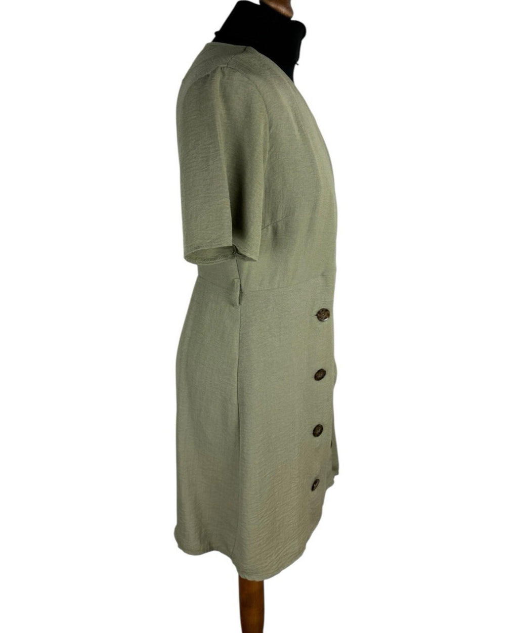 Primark Khaki Green Dress Brown Button Knee Length V Neck Women’s UK Size 12
