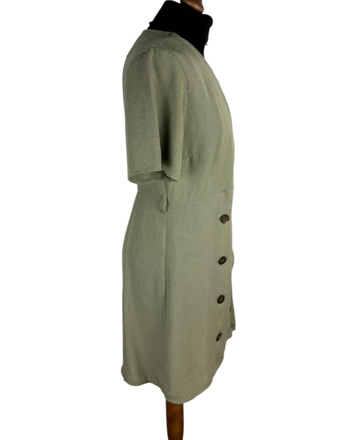 Primark Khaki Green Dress Brown Button Knee Length V Neck Women’s UK Size 12