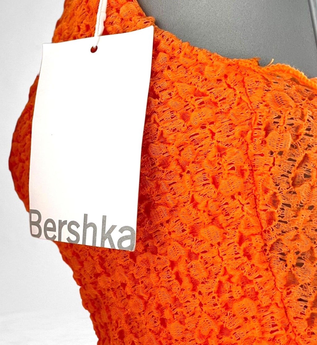 Bershka Bright Orange Textured Co Ord Set Women's UK Size XS Crop Top & Skirt