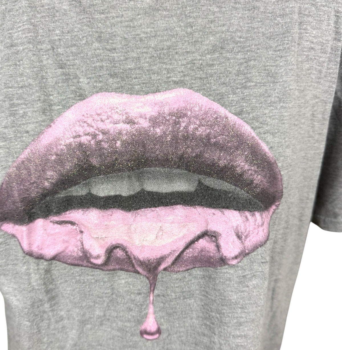 Gildan Pink Glitter Lips T-Shirt Women's UK Size L Grey Jersey Graphic Print Crew Neck