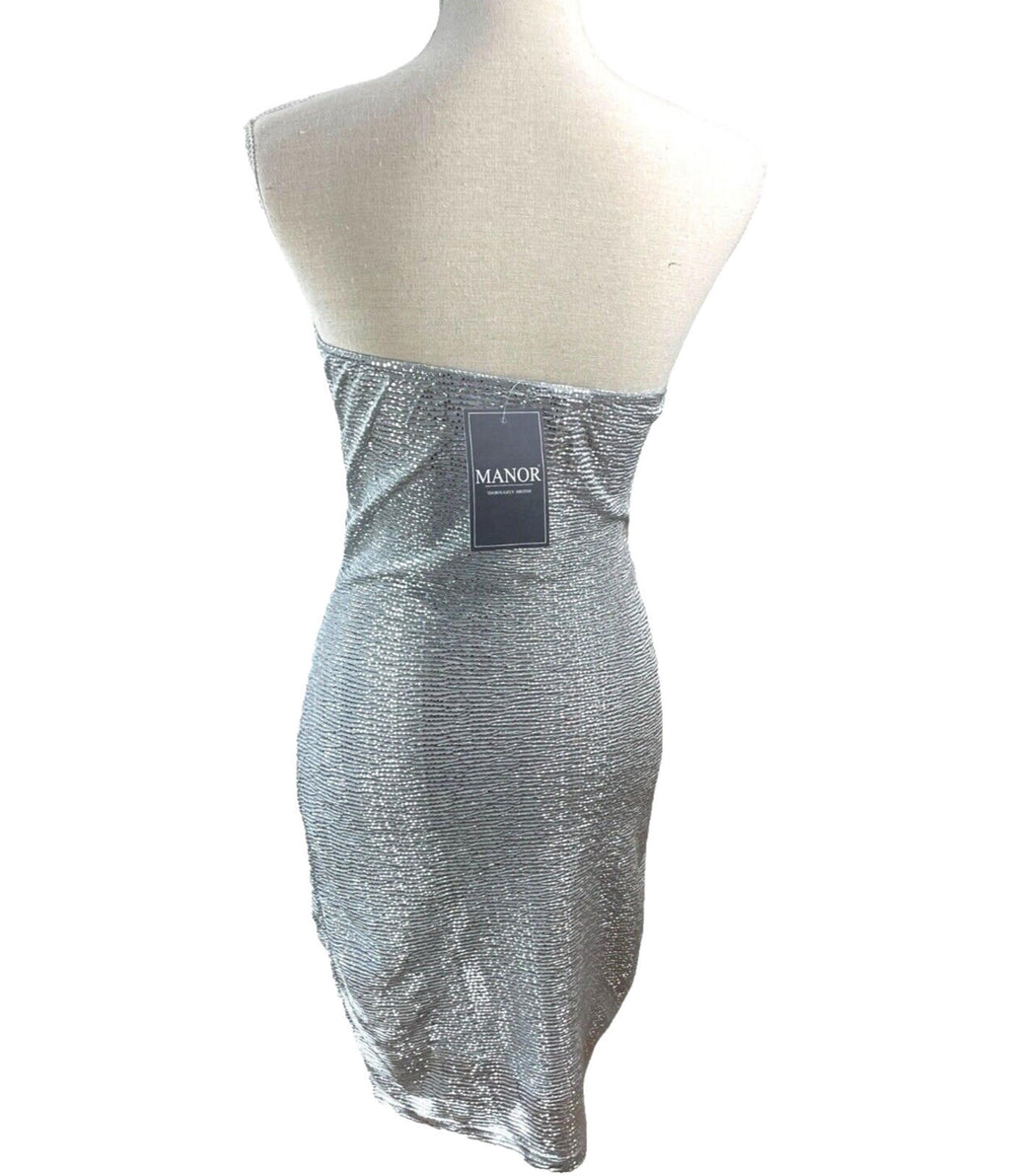 Manor Bodycon Midi Dress Silver Metallic Effect Strapless Women’s UK Size 8