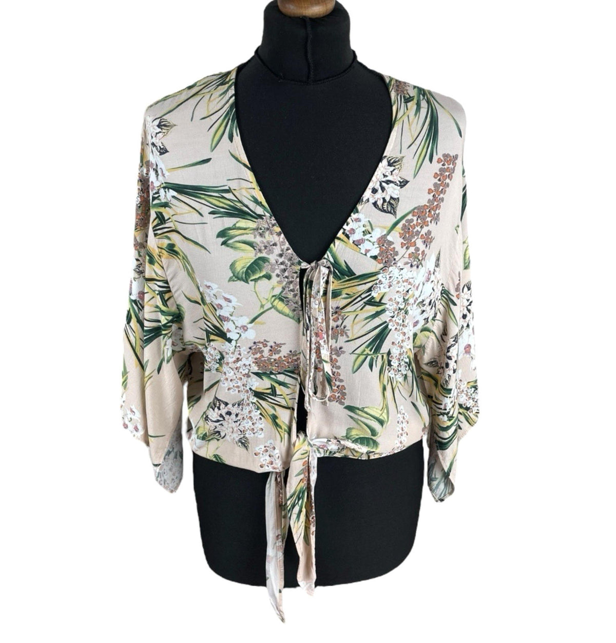 River Island Pink Floral Crop Top Tie Front 3/4 Sleeve Pastel Women's UK Size 12