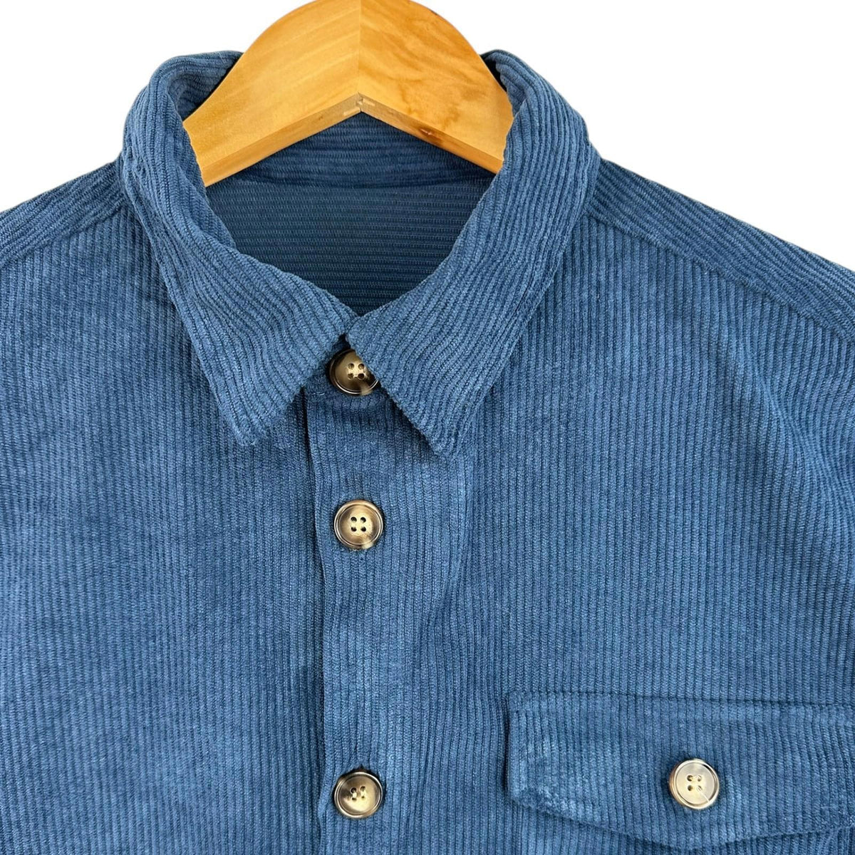 Men's Shirt UK Size M Blue Corduroy Long Sleeve 100% Cotton Pocket Wing Collar