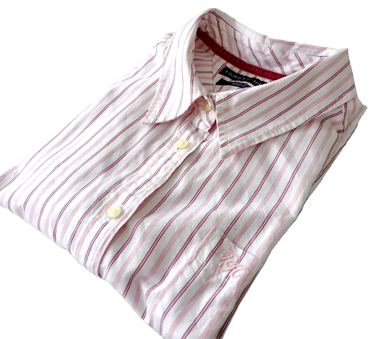 Tommy Hilfiger Shirt Men's UK Size XL Pink Striped Long Sleeve Pockets Easy Care