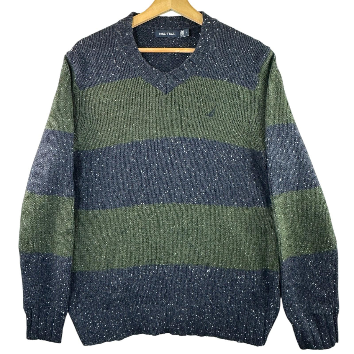Nautica Chunky Knit Jumper Men's UK Size M Navy Blue Long Sleeve Easy Care V-Neck