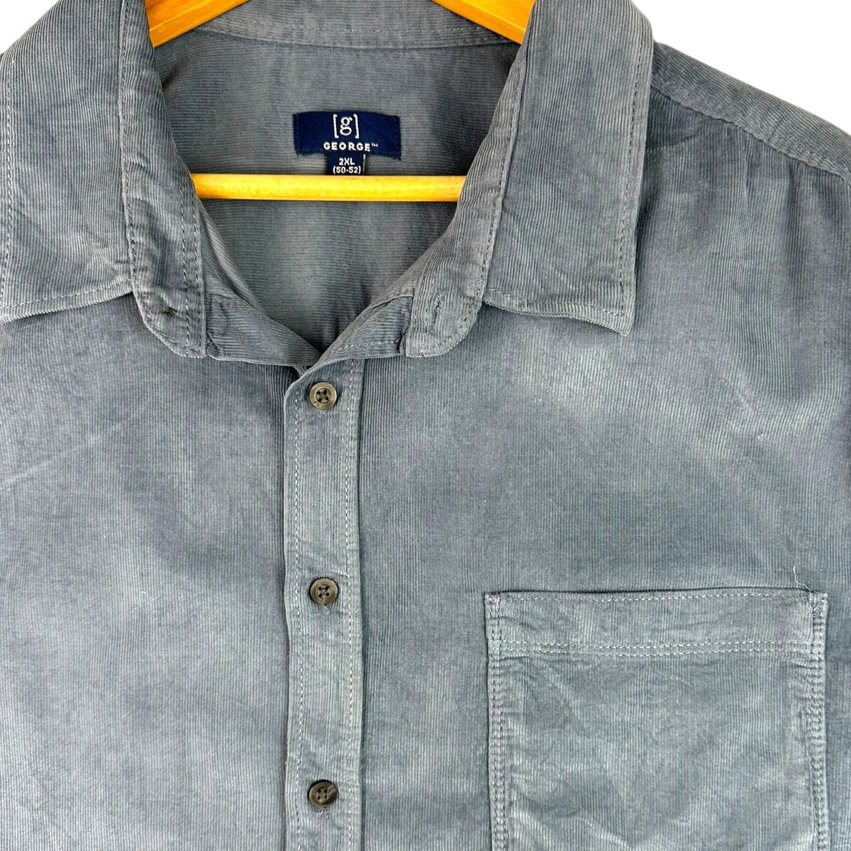 George Shirt Men's UK Size 2XL Blue Corduroy Long Sleeve Wing Collar 100% Cotton
