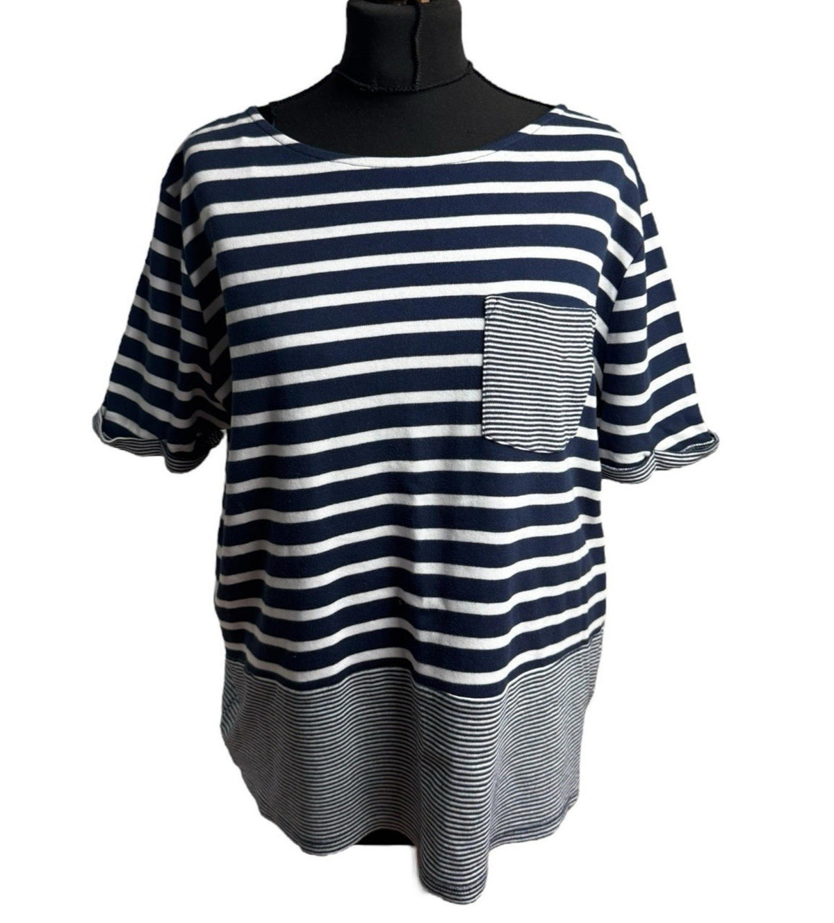 TU Navy Stripe Nautical T-Shirt Front Pocket 100% Cotton Women's UK Size 18