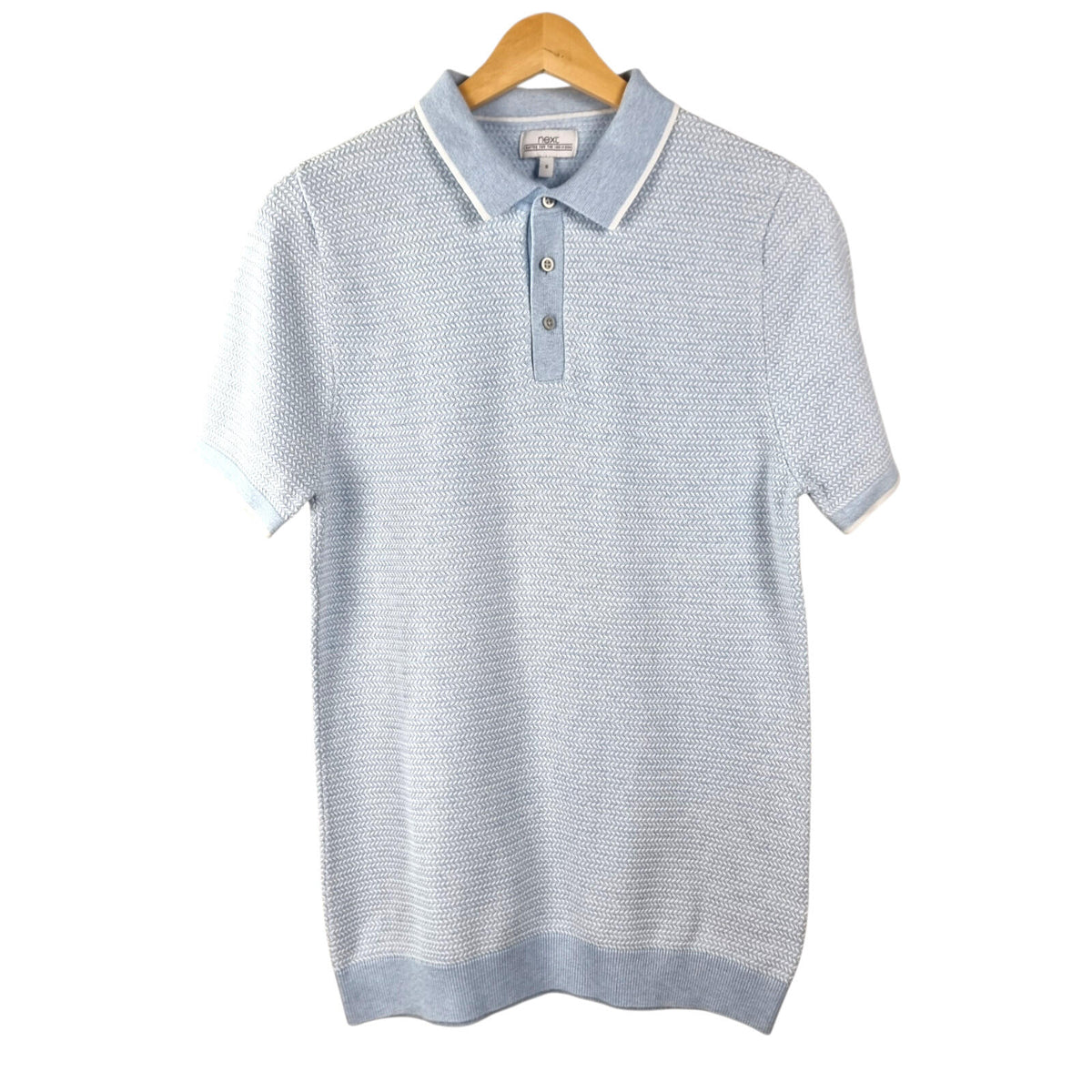 Next LightBlue Next Knit Polo Shirt Men's UK Size S Textured Sky Blue Short Sleeve 100% Cotton
