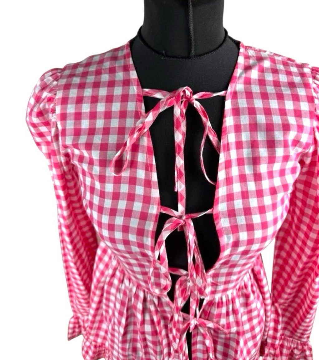 Red Gingham Tie Front Blouse Long Sleeve Grilled Hem Women's UK Size S