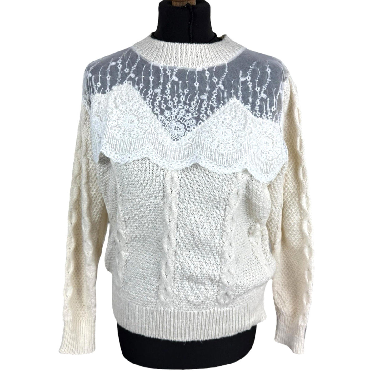 Shein Beige Knit Jumper White Lace Panel Long Sleeve Women's UK Size L
