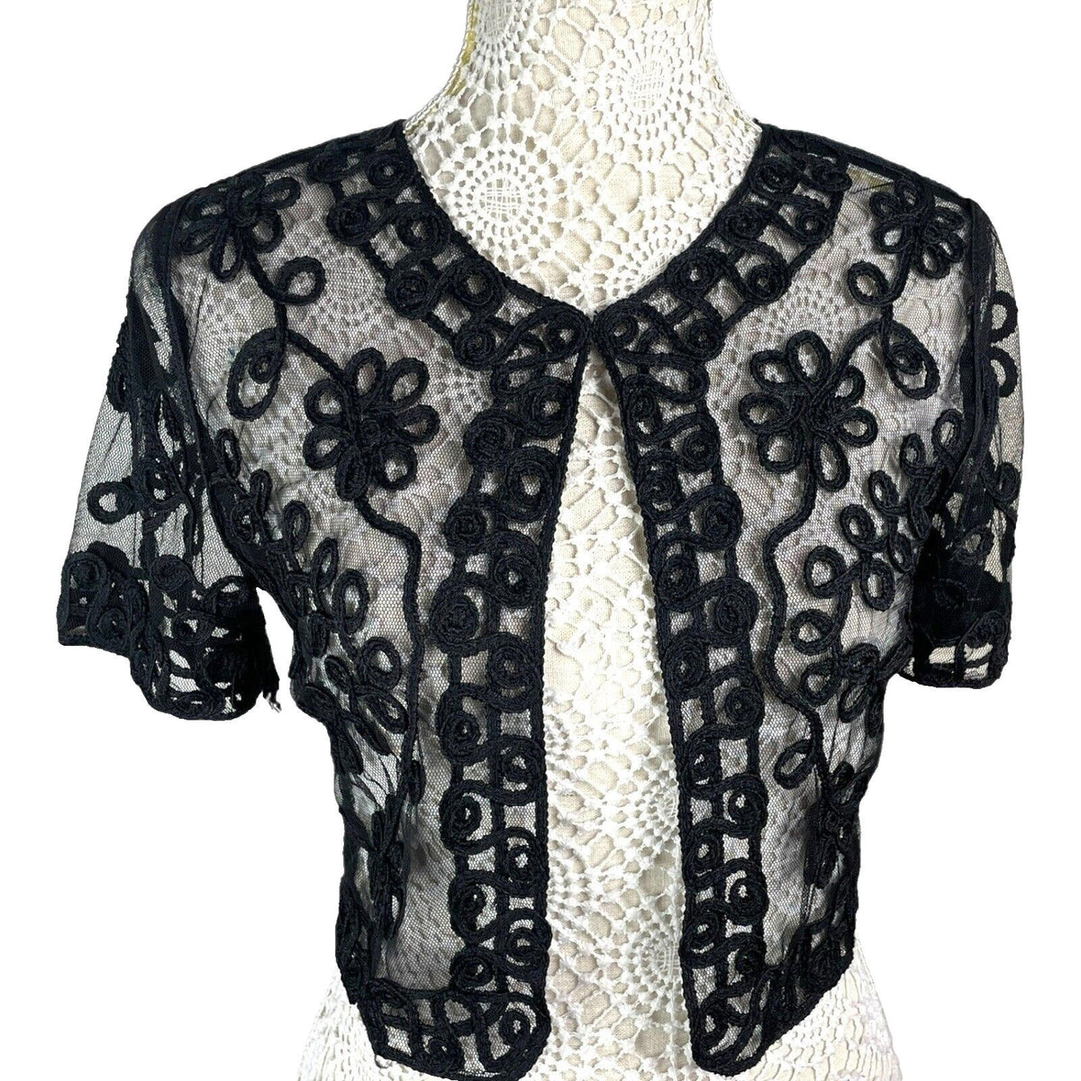 Quiz Sheer Lace Black Cropped Cardigan Floral Mesh Women's UK Size S