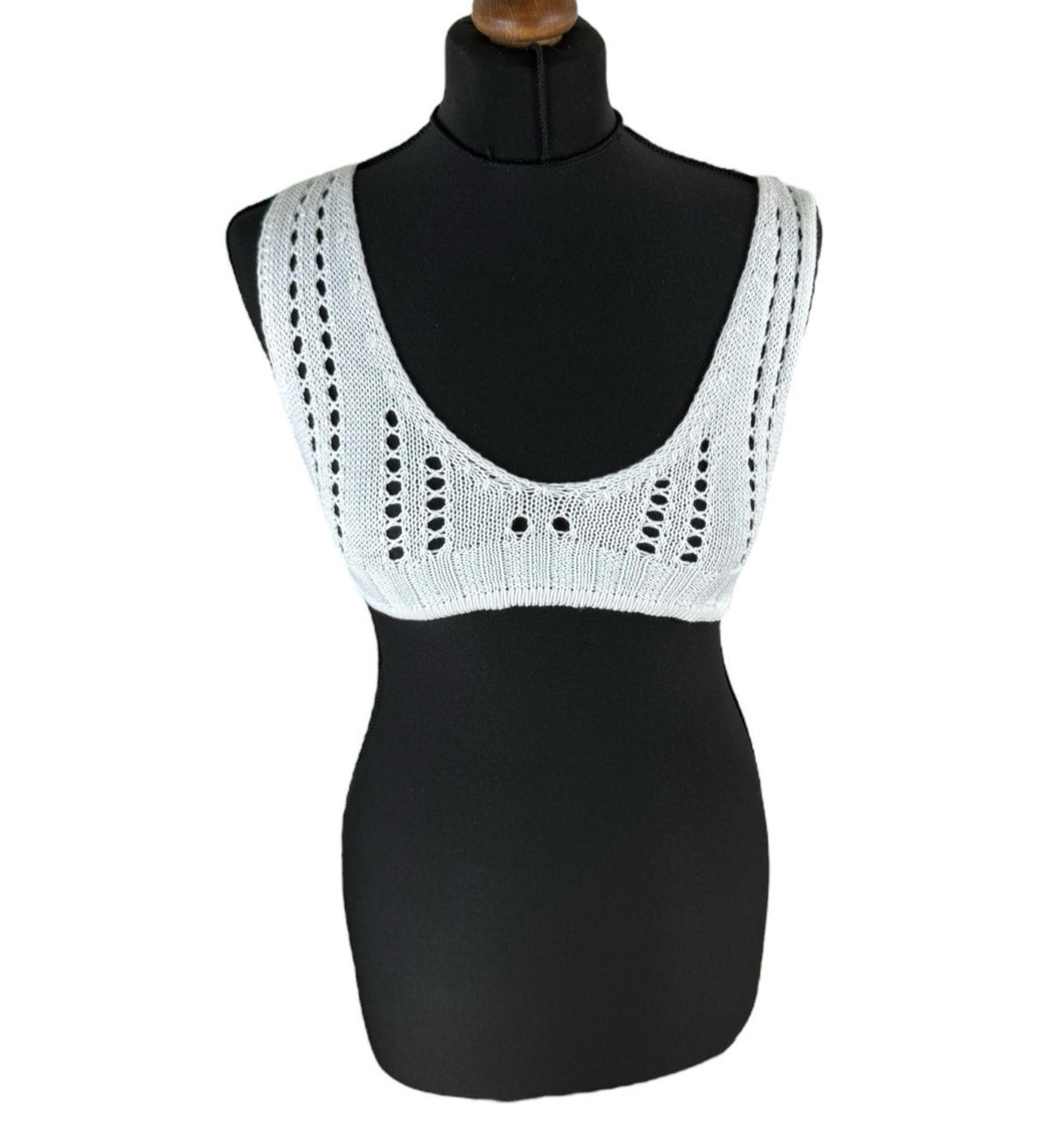White Knit Micro Crop Top Perforated Hole Design Women's UK Size 8