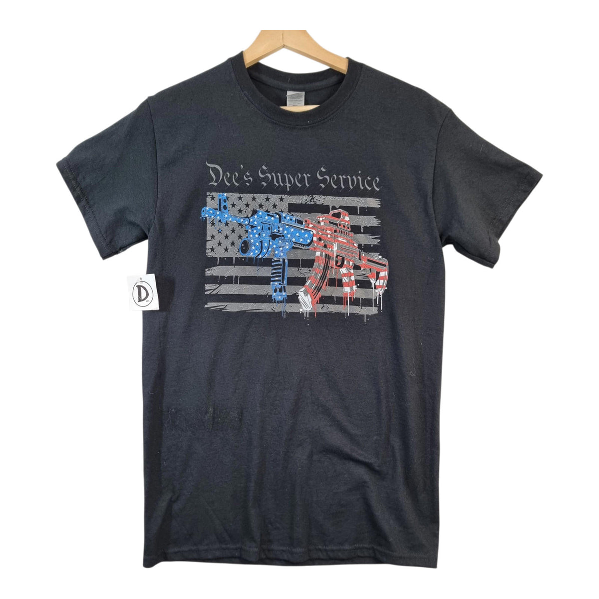 Gildan Black Graphic Print T-Shirt Men's UK Size S Black Dee's Super Service 100% Cotton