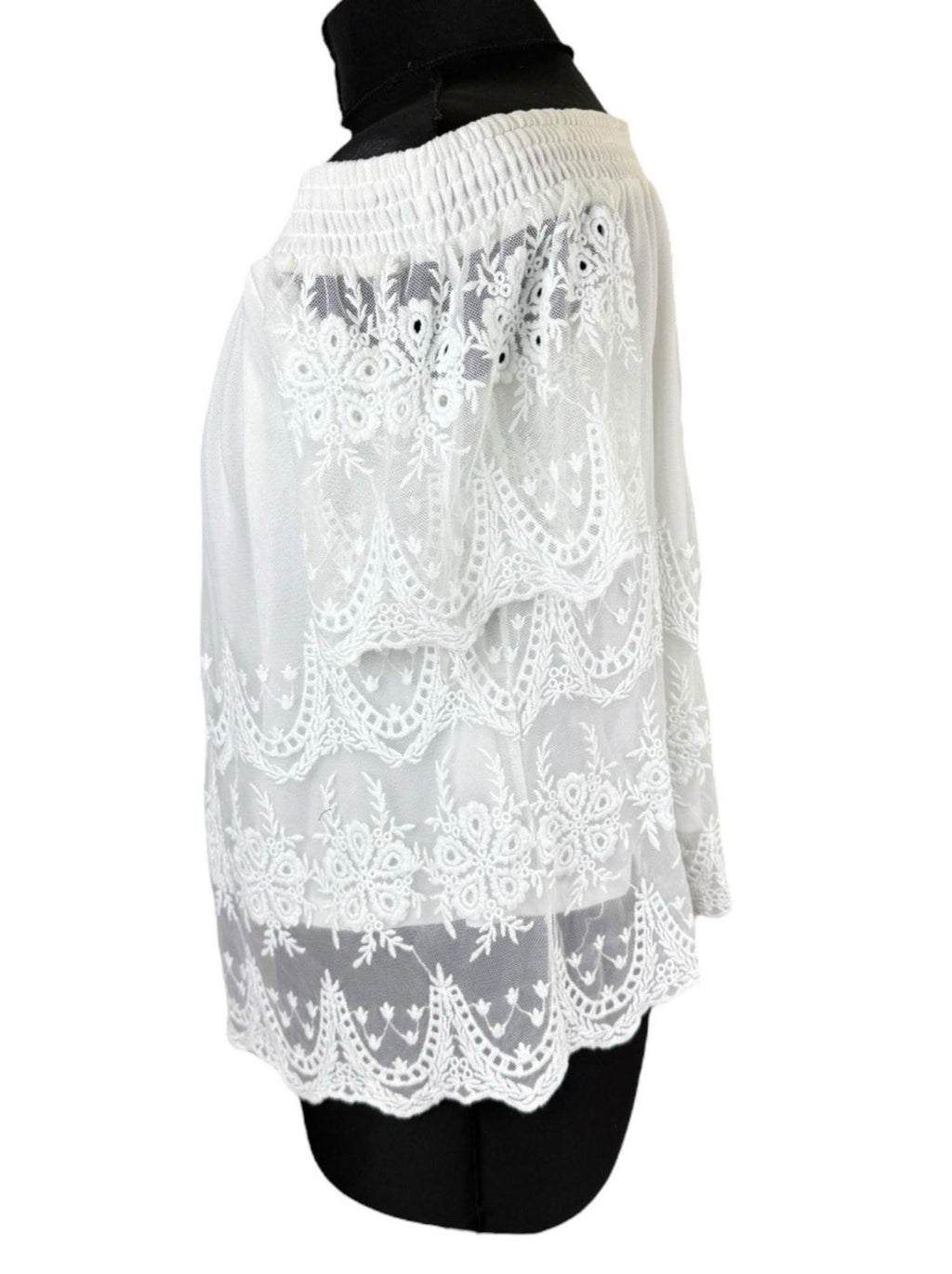 New Look Off Shoulder Blouse Women's UK Size 10 White Lace Trim Shirred Bardot