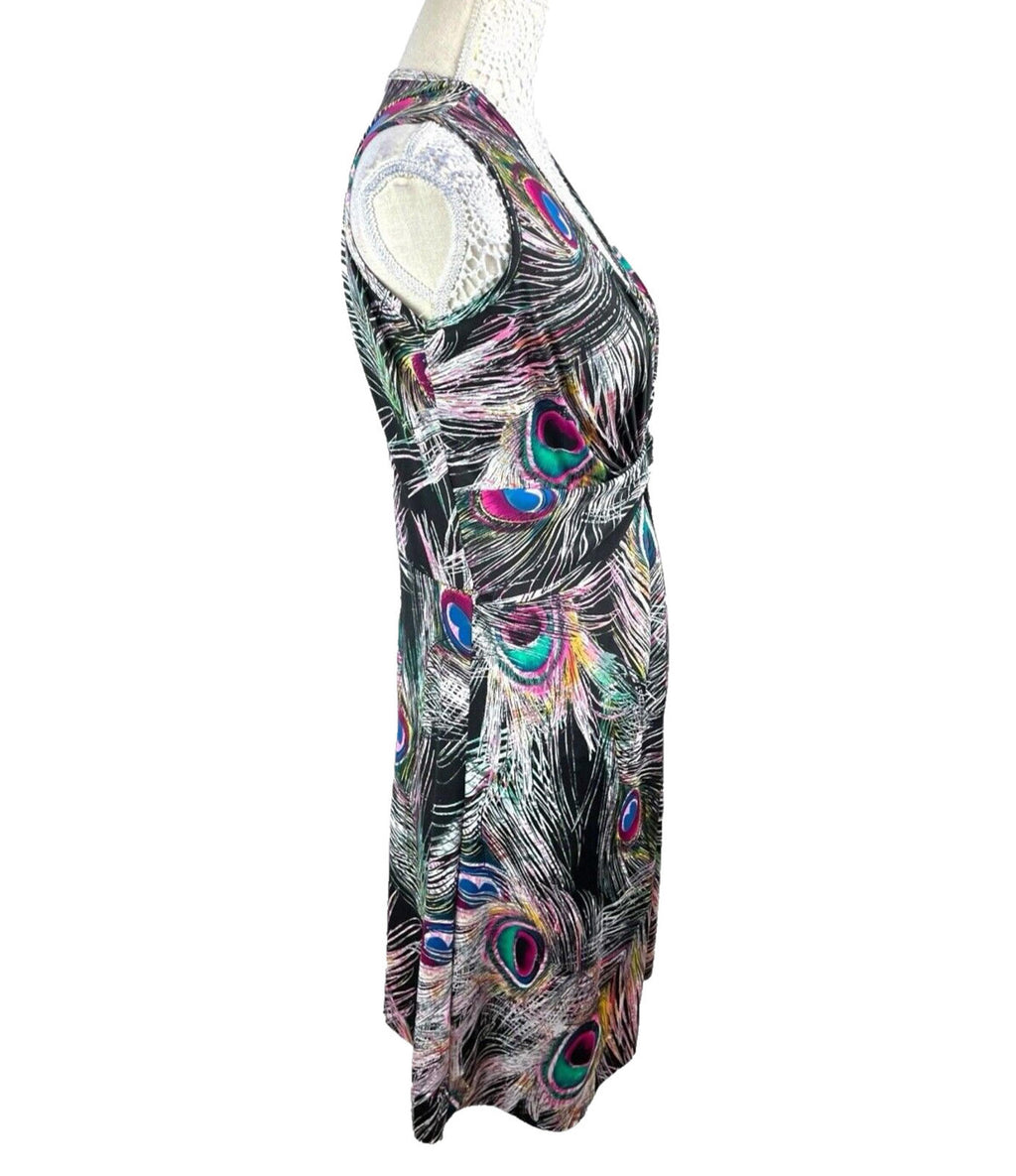 Peacock Feather Print Midi Dress Women’s UK Size M Sleeveless Ruched Waist