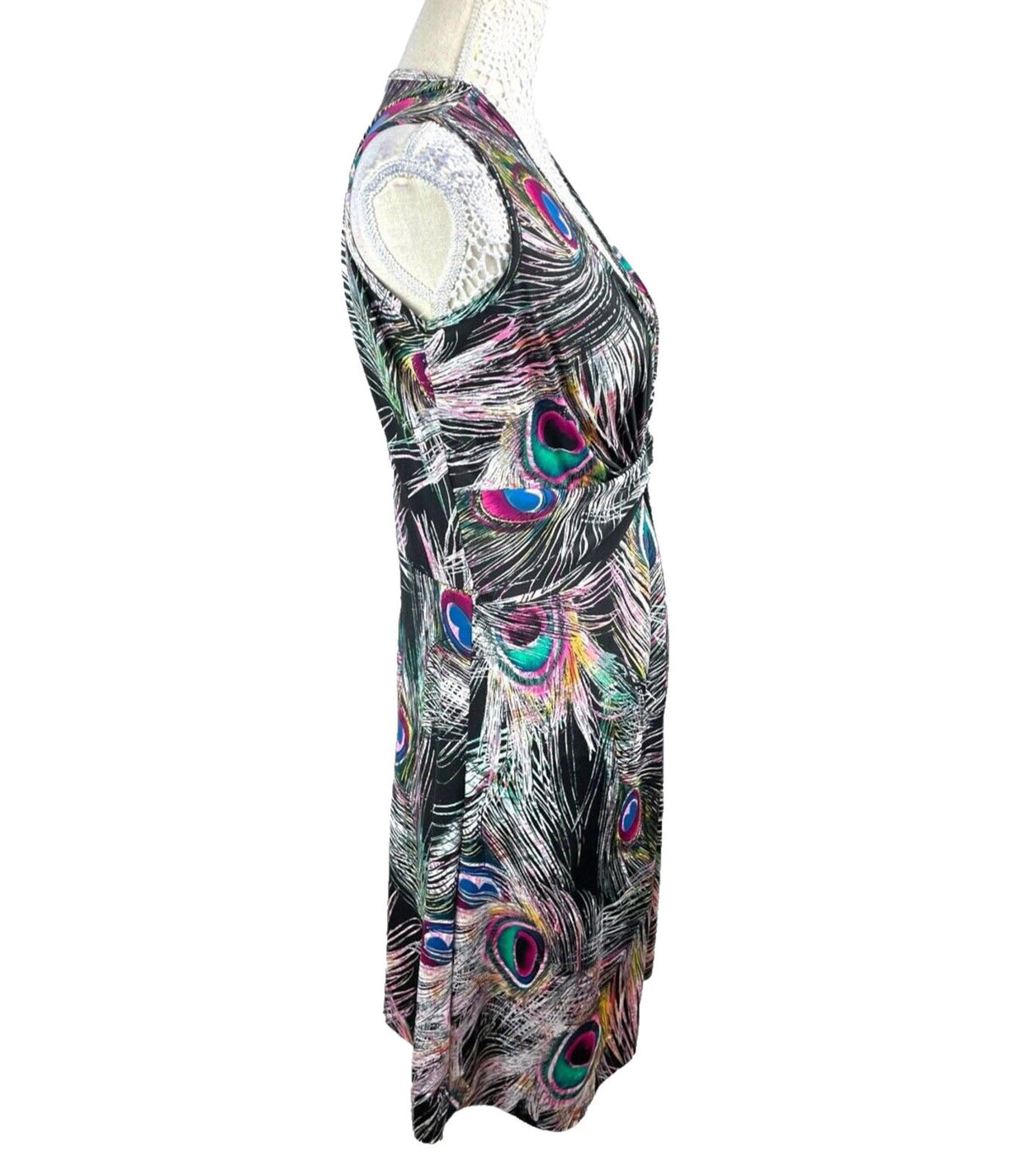 Peacock Feather Print Midi Dress Women’s UK Size M Sleeveless Ruched Waist