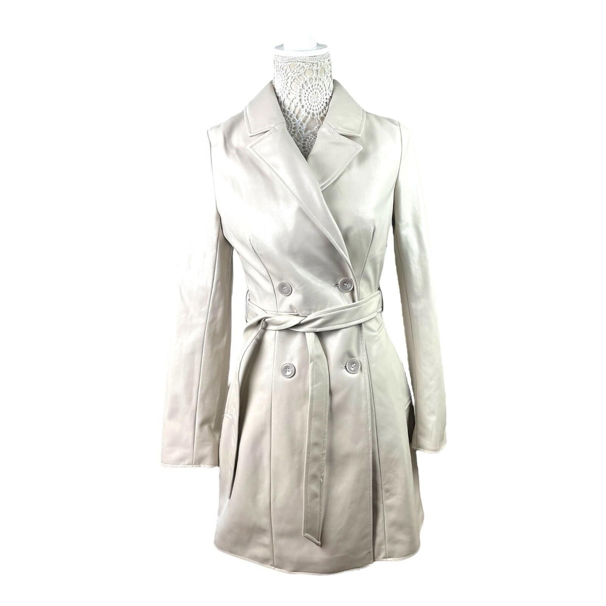 Divided Faux Leather Trench Coat Belted Beige Grey Women's UK Size XS