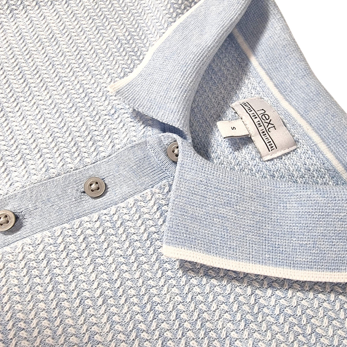 Next LightBlue Next Knit Polo Shirt Men's UK Size S Textured Sky Blue Short Sleeve 100% Cotton