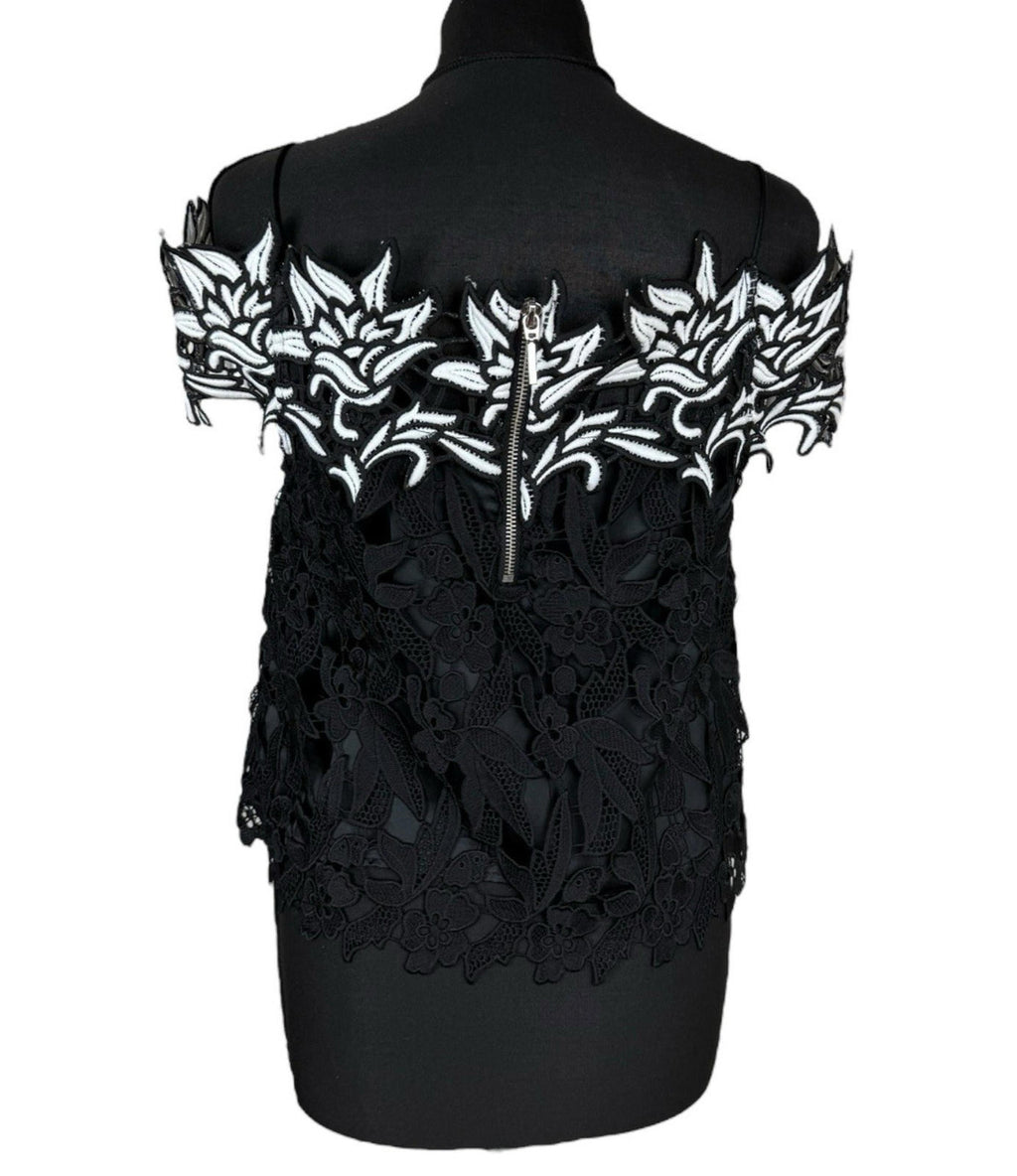TopShop Black Topshop Black White Floral Lace Tank Top Strapping Sleeve Women's UK Size 10