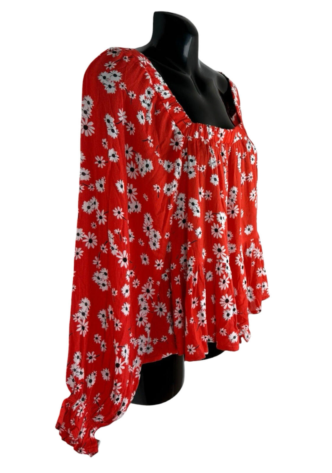 ASOS Red ASOS Square Neck Crinkle Smock Top Women's UK Size 8 Red Floral Elasticated Cuff