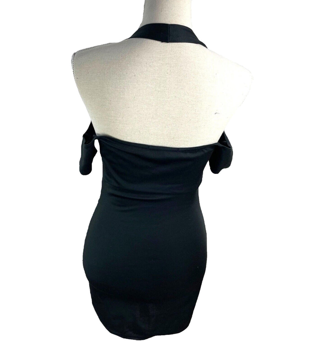 Black Halter Neck Mini Dress Lace Up From Cold Shoulder Women's UK Size 8