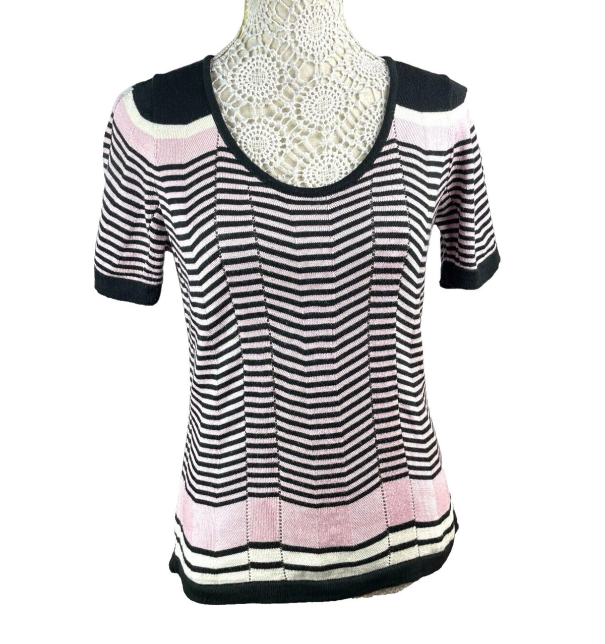 BHS Pink BHS Knit T-Shirt Blouse Top Women's UK Size 14 Chevron Pattern Scoop Neck Trim