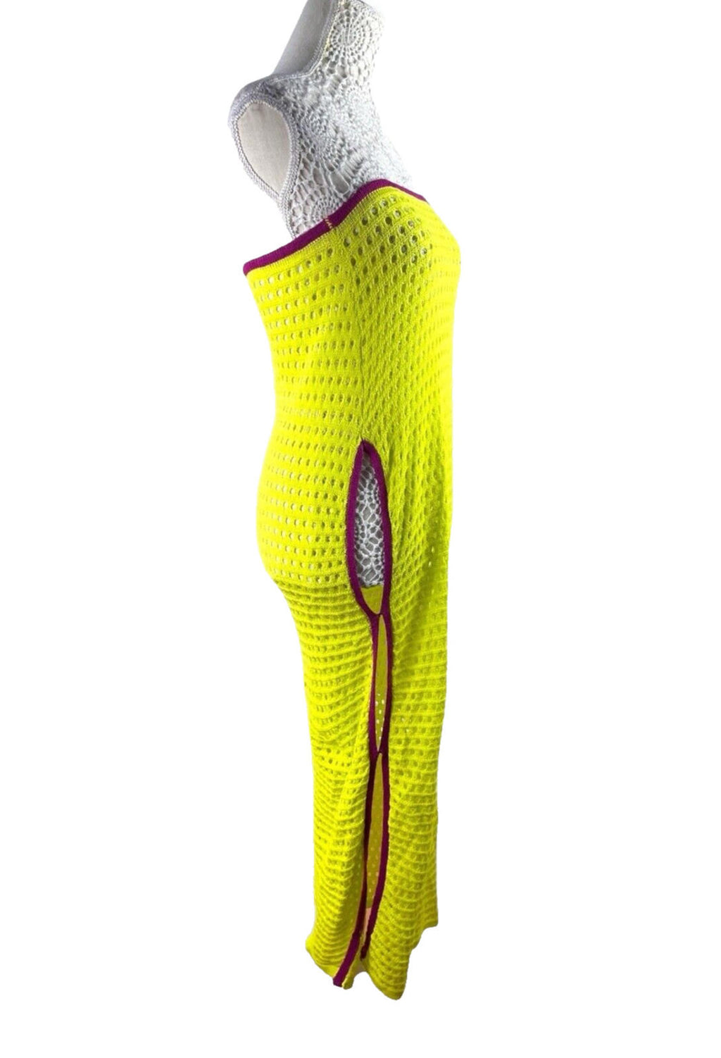 Strapless Crochet Maxi Dress Women’s UK Size 8 Lime Green High Cut Out Side Slit