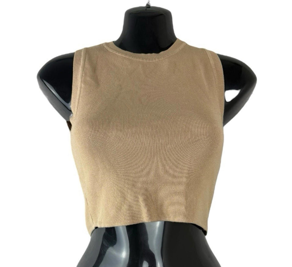 Zara Tan Knitted Crop Top Round Neck Tank Women's UK Size S